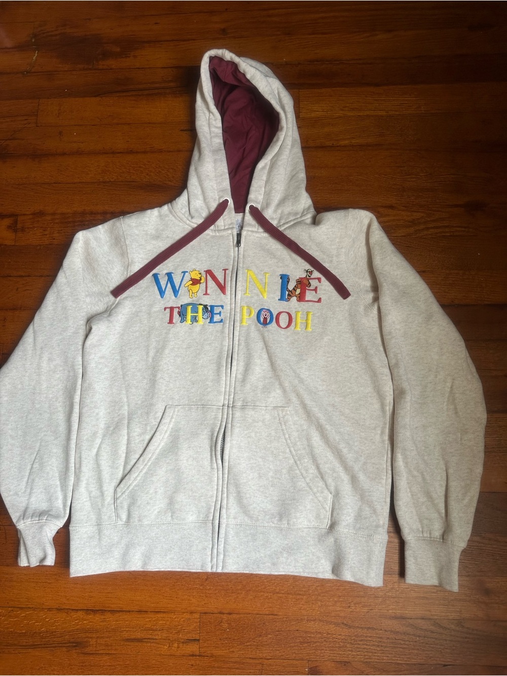 Disney Winnie the Pooh Zip-Up Hoodie - Light Gray with Maroon Hood Lining